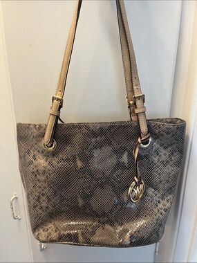 Michael Kors Taupe Snake-Embossed Tote with Gold Hardware